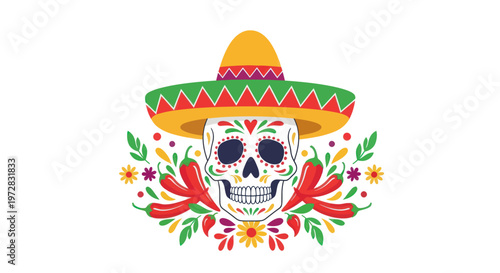 Day of the Dead sugar skull with sombrero and chili peppers