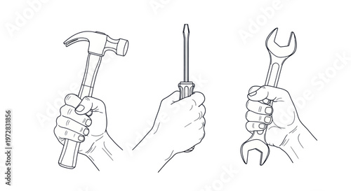 Hands holding common tools: hammer, screwdriver, wrench.