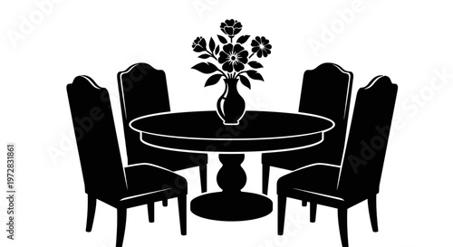 Dining table with chairs and flower arrangement in silhouette