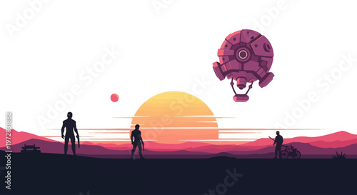Futuristic landscape with people observing a hovering device at sunset