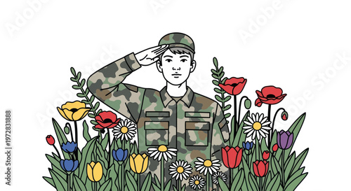 Military soldier saluting in a field of colorful flowers illustration