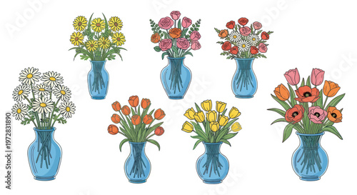 A vibrant collection of colorful floral bouquets in glass vases, isolated on white.