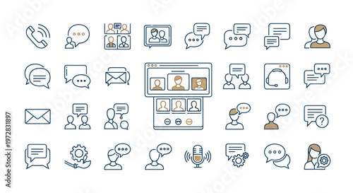 Set of communication and online meeting line icons.