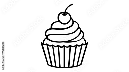 Minimalist vector icon illustration of a delicious cupcake with swirling creamy frosting and a cherry on top, featuring a clean black line art design, perfect for bakery branding, dessert menus, and