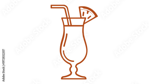 Tropical smoothie and cocktail line icon vector illustration. Minimalist brown outline of a refreshing summer drink in a hurricane glass with a straw and fruit garnish for menu design.