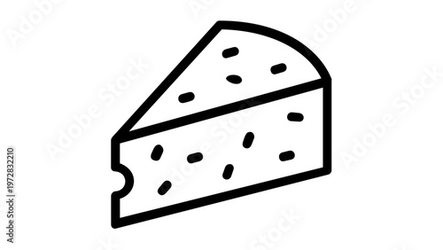 A minimalist black and white vector icon illustration of a delicious wedge of Swiss cheese with holes, ideal for food menus, restaurant branding, and culinary graphic design projects.