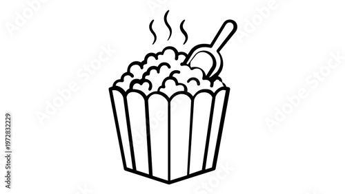 Fresh hot popcorn in a striped bucket with a scoop and steam rising, minimalist black and white vector icon illustration. Scalable flat design for cinema, movie theater, and snack bar themes.