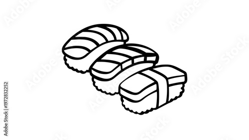 Minimalist Sushi Nigiri Vector Icon Illustration Featuring Three Pieces of Traditional Japanese Cuisine in a Clean Black and White Line Art Style, Scalable AI-Generated Graphic for Food Menus.