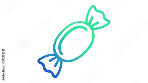 Minimalist wrapped candy vector icon illustration featuring a vibrant blue to green gradient. Modern line art design of a sweet treat, sugar confectionery, or bonbon for food apps and web design.