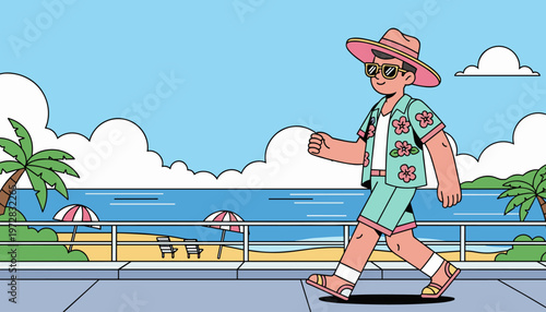 Man walking by the beach in summer vacation flat vector illustration