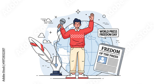 World Press Freedom Day concept journalist with microphone and globe illustration