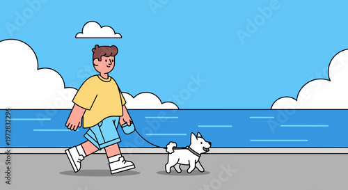 Man walking dog by the seaside summer outdoor activity flat vector illustration