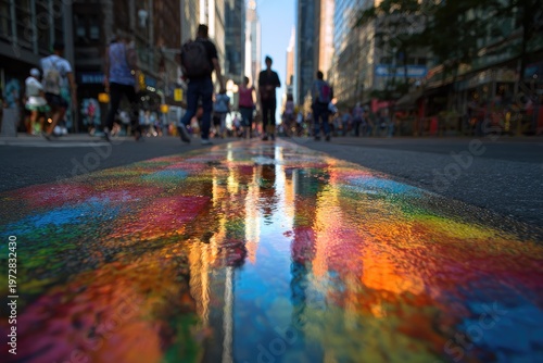 Vibrant Street Art Reflects City Life and Pedestrian Movement.