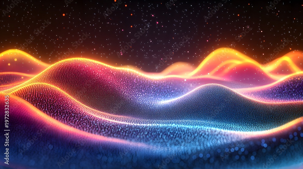 Fototapeta premium Glowing digital landscape features undulating waves of colorful particles set against a dark starry background.