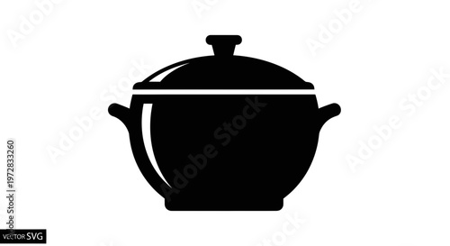 Black cooking pot icon with lid and handles, isolated on white background, vector illustration