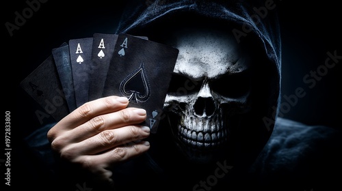 Person holding a deck of playing cards with glowing geometric shapes, dark background hand