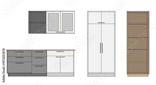 Schematic drawing of modern kitchen cabinets and furniture layout.