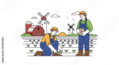 Farmers cultivate young crops in a vibrant rural landscape.