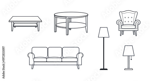 Set of minimalist line art icons for living room furniture.