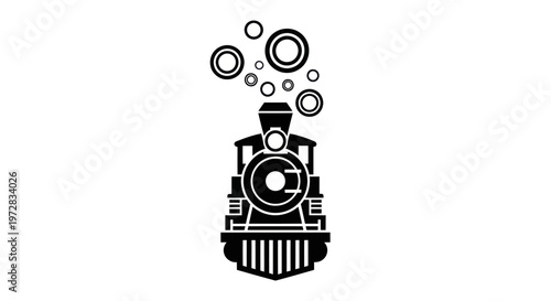 Black and white vintage steam locomotive engine icon front view