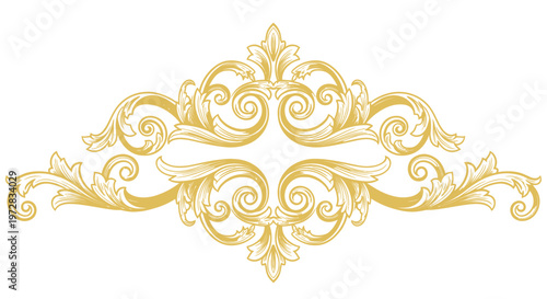 Golden baroque vintage ornament with elegant floral scrollwork isolated on white background
