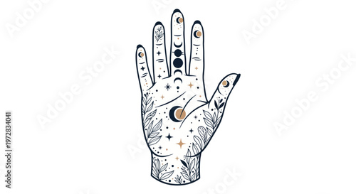 Celestial mystical hand illustration with moon phases and stars for palmistry and occult themes