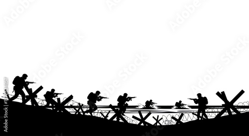 Silhouette of soldiers on a battlefield during a beach assault operation