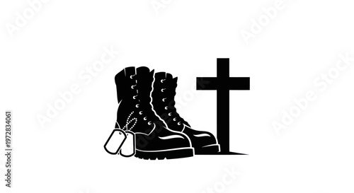 Military memorial silhouette with boots dog tags and cross on white background
