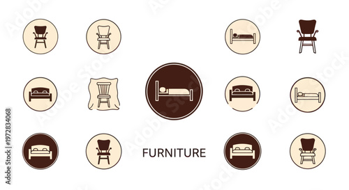 Set of minimalist furniture icons including beds and chairs for home decor design