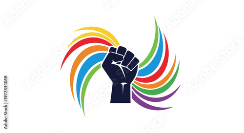Fist with rainbow colors symbolizing diversity, unity, and empowerment.