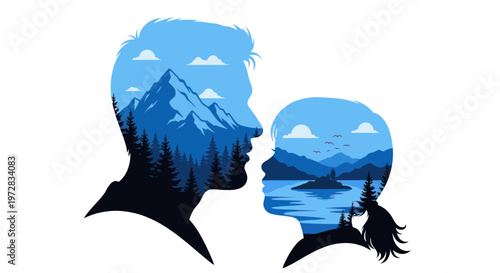 Double exposure illustration: Couple profiles filled with serene nature landscapes.