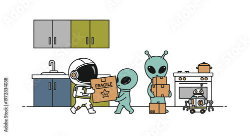 Space characters moving boxes in a futuristic kitchen during an interstellar relocation