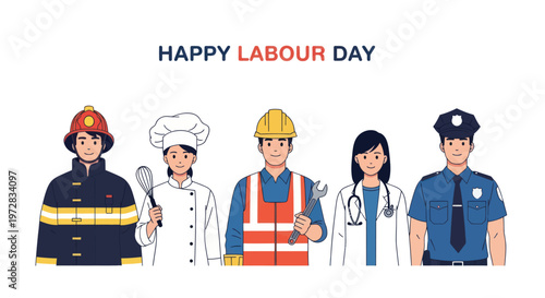 Happy Labour Day greeting with diverse essential workers.