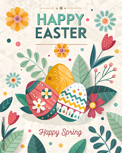 Happy easter and happy spring! Vector illustration of geometric modern trendy abstract pattern, easter eggs, background, flowers and leaves for poster, flyer, greeting card or invitation 
