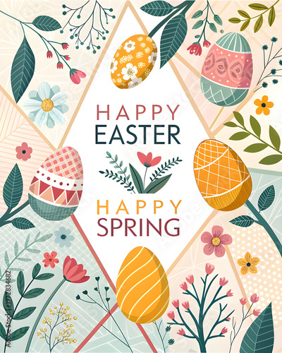 Happy easter and happy spring! Vector illustration of geometric modern trendy abstract pattern, easter eggs, background, flowers and leaves for poster, flyer, greeting card or invitation 
