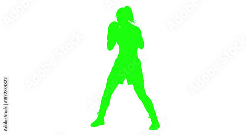 Female Boxer Silhouette in Fighting Stance, Neon Green Outline, White Background