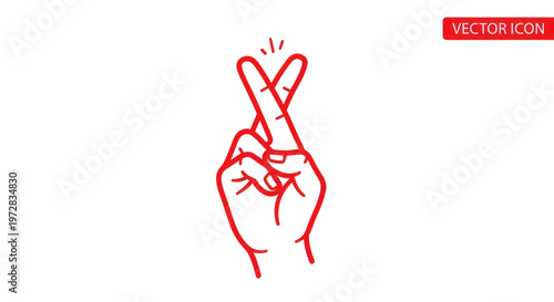 Fingers Crossed Hand Gesture, Good Luck Symbol, Red Outline Icon on White
