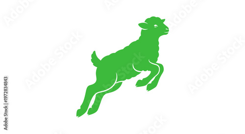 Green Silhouette of a Jumping Lamb on White Background