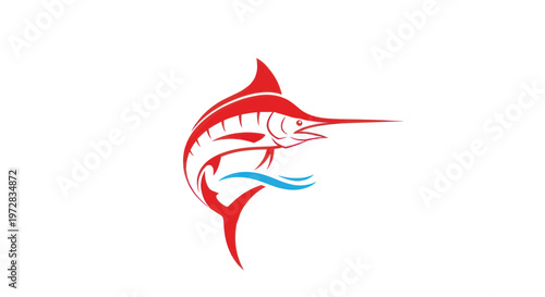 Red Marlin Fish Jumping Over Blue Waves, Sport Fishing Logo, Vector Illustration