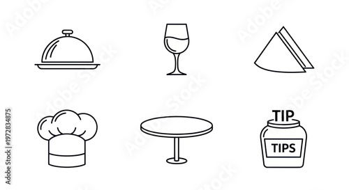Restaurant Service Icons: Food Cloche, Wine Glass, Sandwich, Chef Hat, Table, Tip Jar