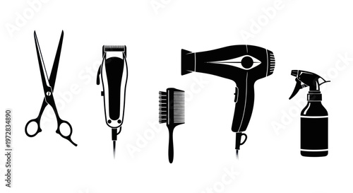 Hairdresser Tools Silhouette: Scissors, Clipper, Brush, Dryer, Sprayer