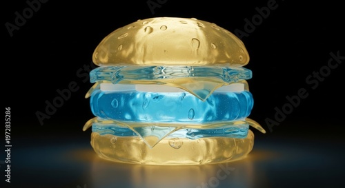 Multi-layered gelatinous sandwich with transparent glowing sections representing bun and patty, illuminated from within on a dark surface, liquid, stacking, sandwich