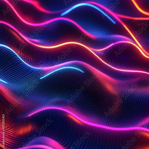 Glowing neon light waves create a rhythmic pattern over a textured dark surface.