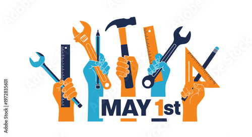 Workers holding various construction tools.