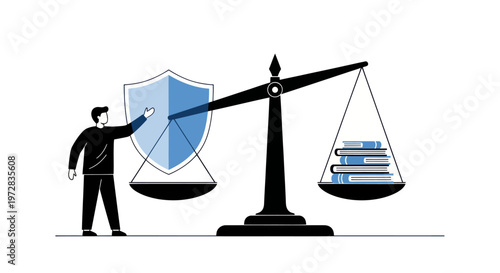 Man holding shield near balance scales.