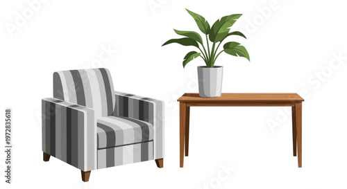 Gray striped armchair with wooden legs.