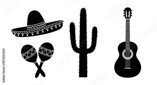 Sombrero maracas cactus guitar icons.