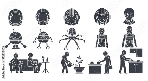 Black and white robots and people.