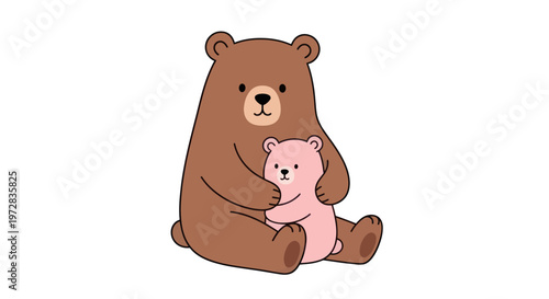 Brown bear holding pink teddy bear.