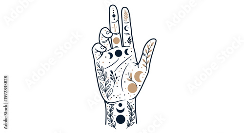Hand with Palmistry Symbols and Marks.